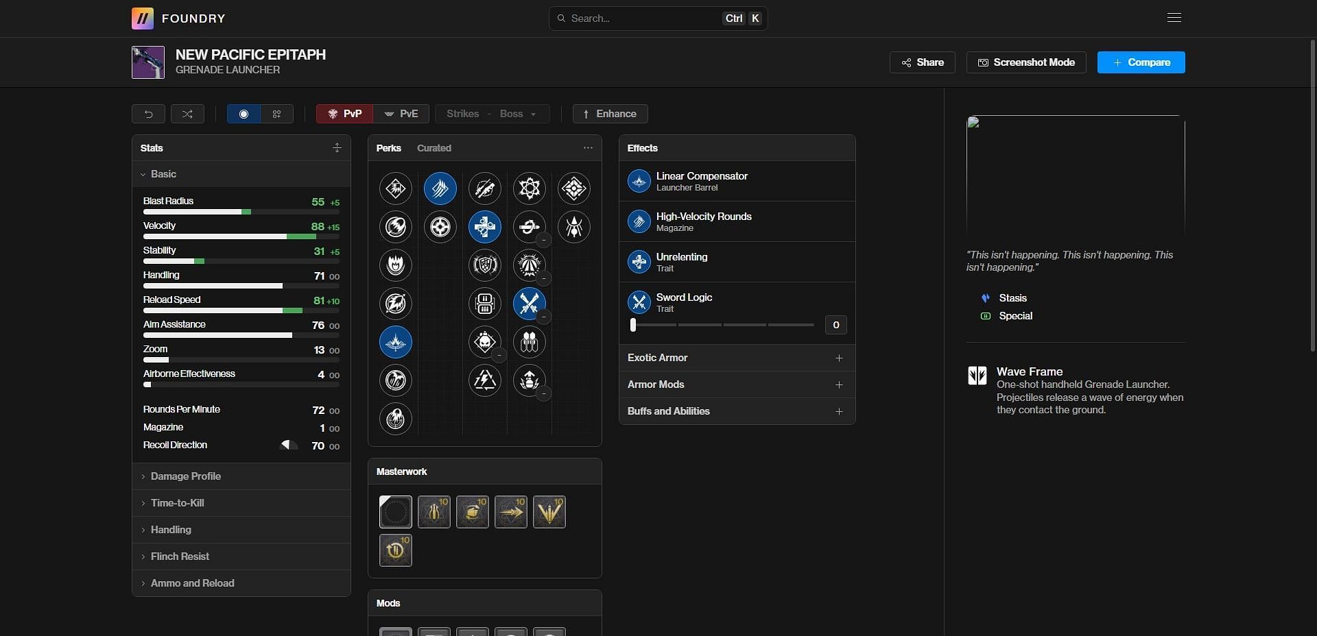 New Pacific Epitaph PvE god roll (Image via Bungie/D2Foundry)